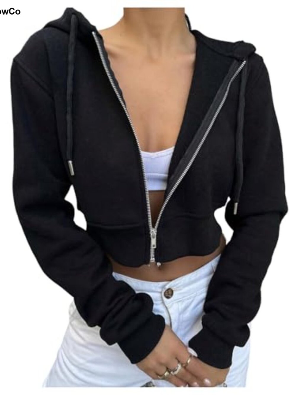 Cropped Zip Up Hoodie Drawstring Long Sleeve Sweatshirt Women Casual